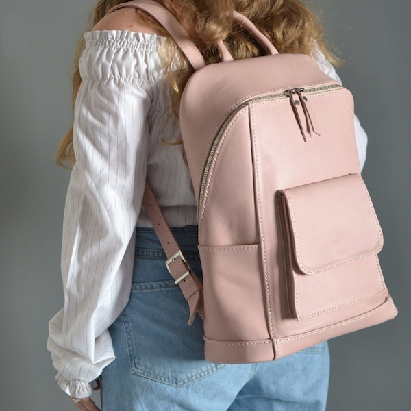 Pink Leather Backpack for Women, Leather Hiking Bag for Girls, Leather Travel Purse, Leather Work Rucksack, Large School Bag, Camping Bag