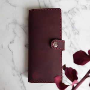 Cartera de piel auténtica, cartera plegable burdeos, monedero hecho a mano, cartera burdeos para mujer, cartera grande para mujer, cartera plegable personalizada