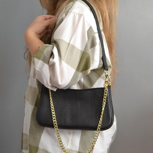 Bolso baguette de piel auténtica negra, bolso de hombro de piel granulada para mujer, bolso cruzado personalizado, regalo para madre, regalo de aniversario