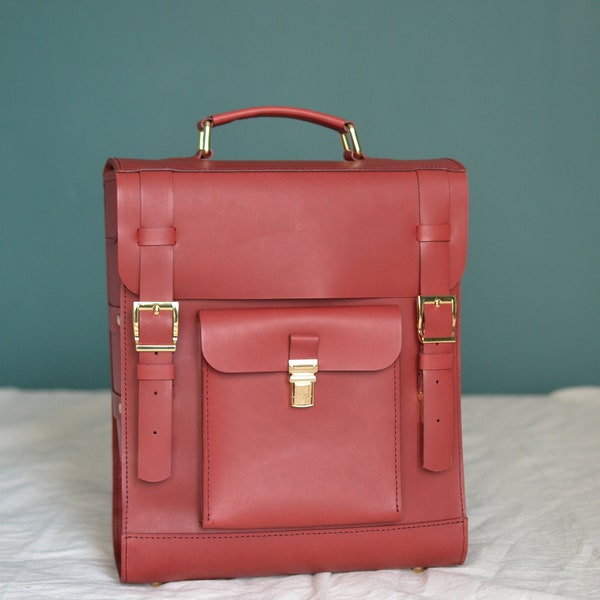 Red Leather Unisex Backpack, Classic Laptop Rucksack, Trekking Hiking Backpack, Minimalist School Bag, Casual Travel Backpack