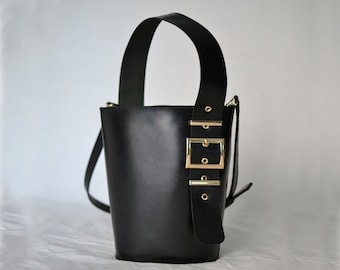Handmade Leather Bucket Bag, Silk Lined Tote, Adjustable Strap