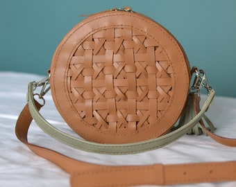 Round Leather Crossbody Bag for Women, Circle Tan Leather Shoulder Purse, Small Leather Belly Purse, Adjustable Strap Leather Bag