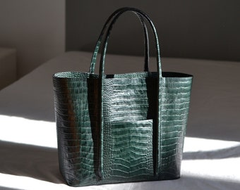 Ledertasche mit Krokomuster, grüne Ledertasche für Damen, große Umhängetasche, Lederhandtasche, Alltagsgeldbörse, Hobo-Tasche aus Leder