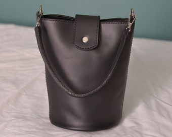 Black Leather Hobo Purse, Leather Bucket Bag for Ladies, Dainty Leather Handbag, Trendy Crossbody Purse, Leather Wallet Bag, Leather Satchel