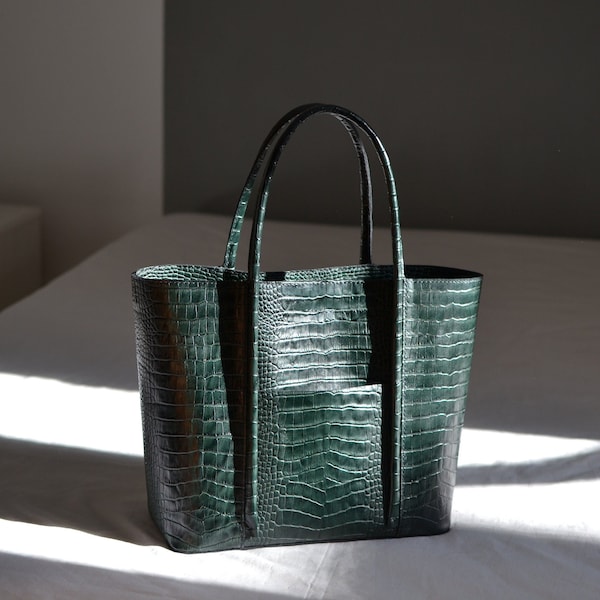 Croco Pattern Leather Tote Bag, Green Leather Bucket Purse for Women, Large Shoulder Bag, Leather Handbag, Everyday Purse, Leather Hobo Bag