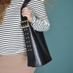 Belt Detailed Leather Tote Bag, Medium Leather Shoulder Purse, Leather Work Bag for Women, Black Leather Student Bag, Everyday Purse