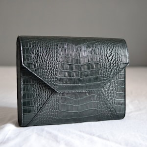 Bolso de cuero genuino verde, bolso clutch de cuero con patrón de cocodrilo, billetera grande para mujer, bolso de caja de cuero, bolso de noche, bolso de cuero elegante