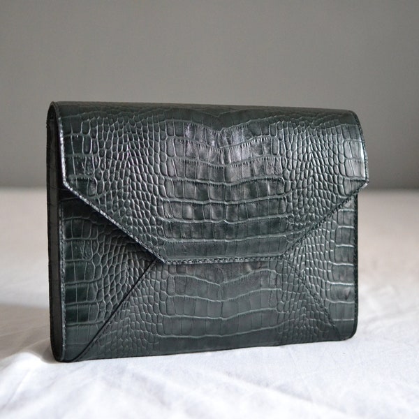 Green Genuine Leather Handbag, Croco Pattern Leather Clutch Purse, Large Wallet for Women, Leather Box Bag, Evening Bag, Elegant Leather Bag