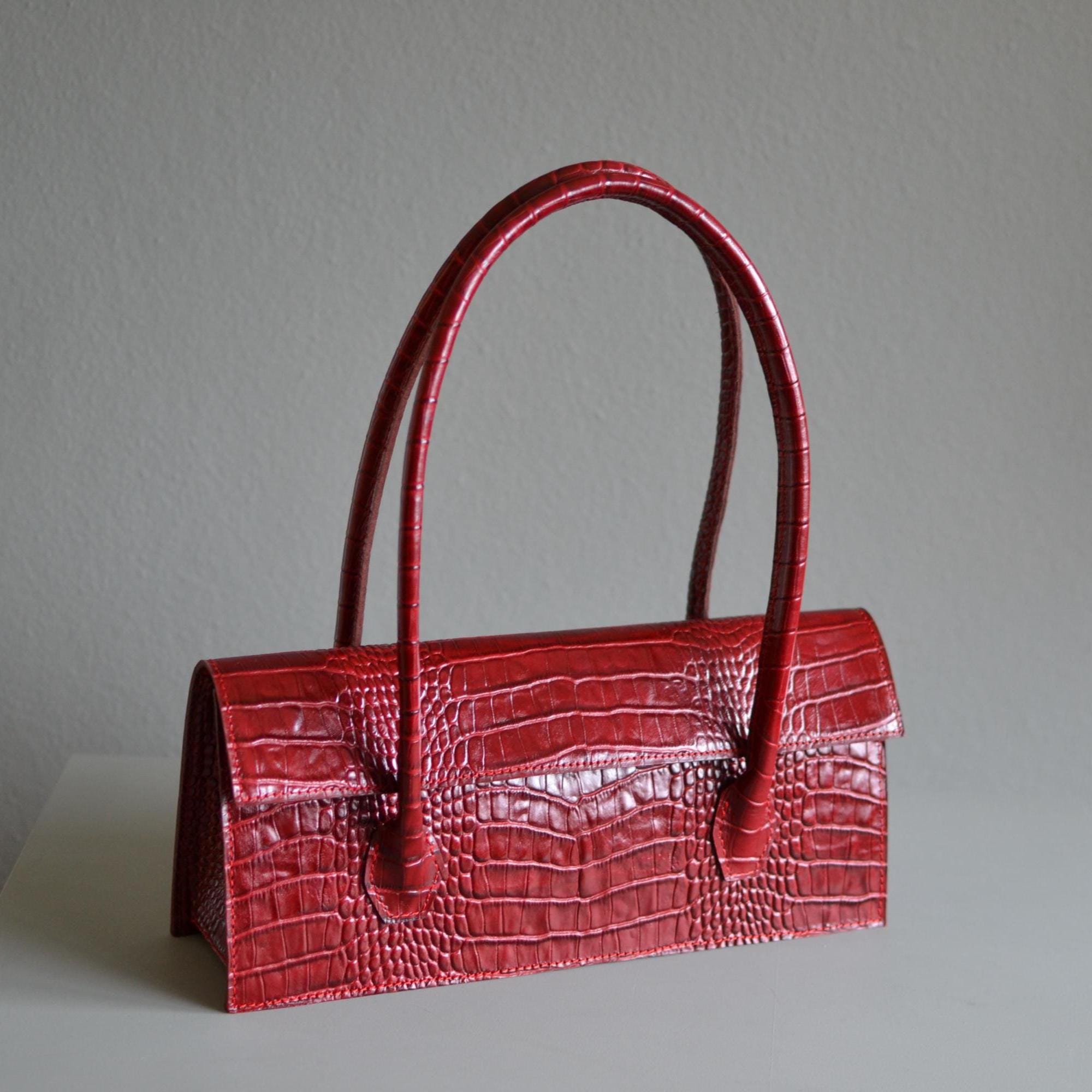 Luxury Red Croc Embossed Leather Baguette Bag, Genuine Leather