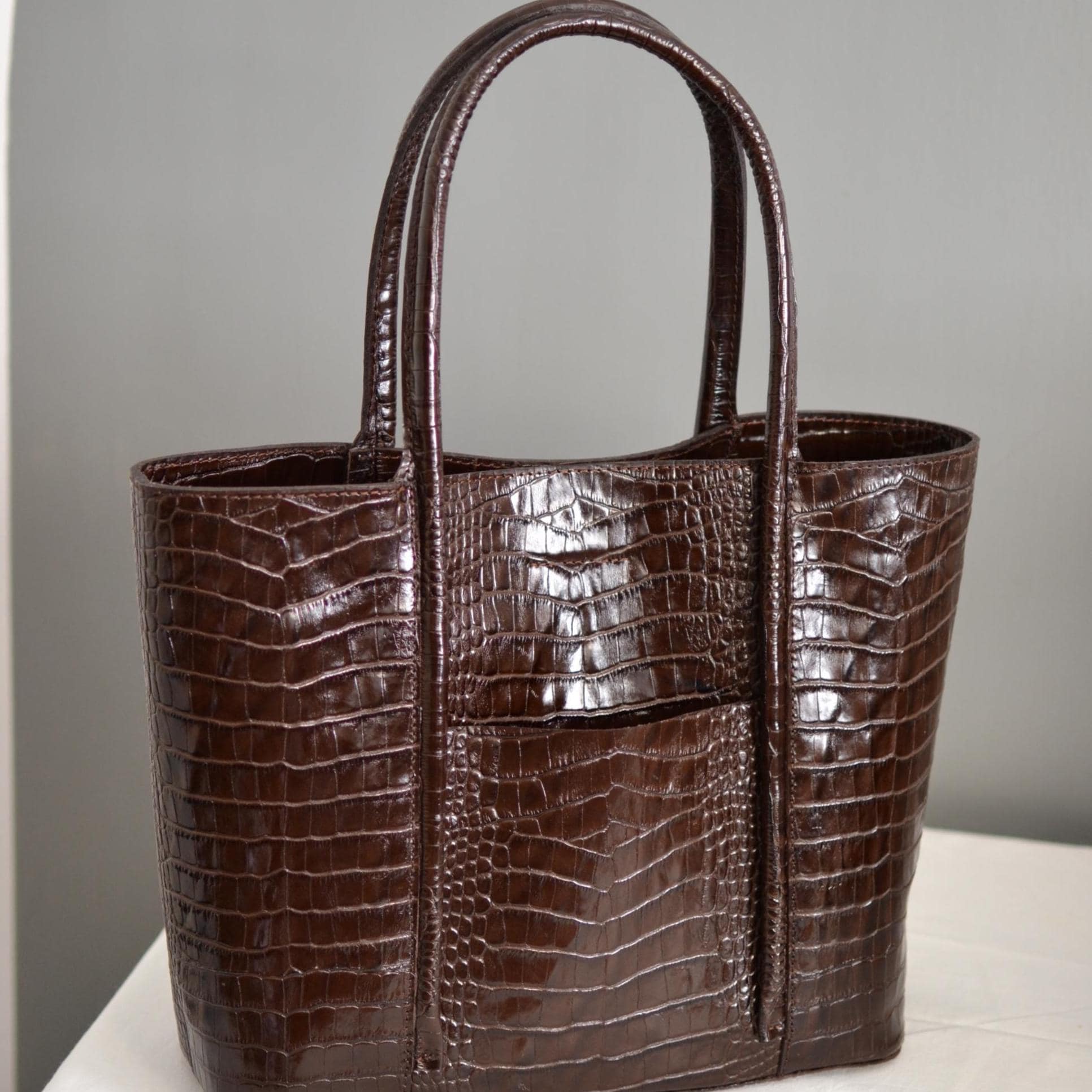 Handmade Croc Embossed Leather Tote Bag, Dark Brown Purse - Etsy