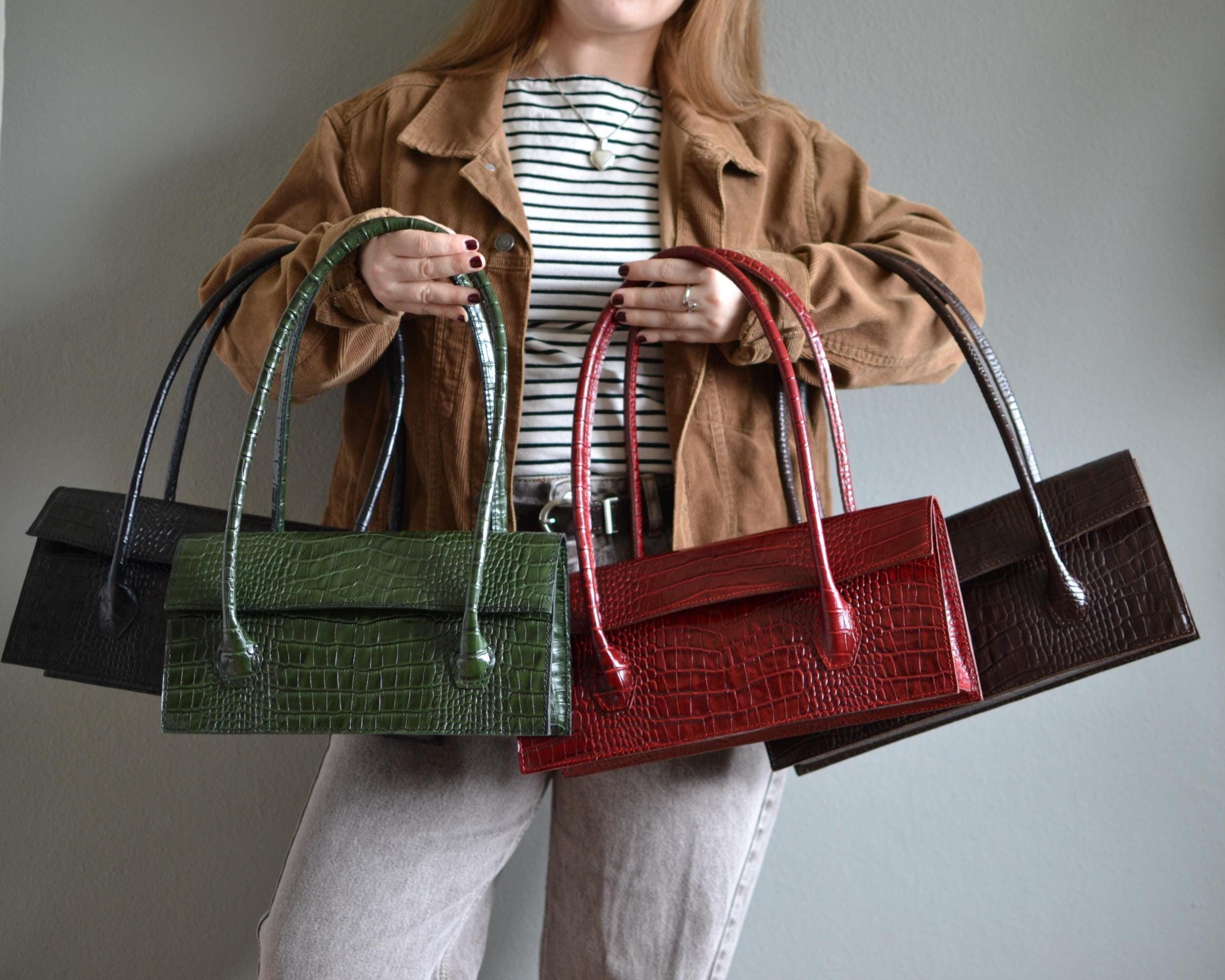 Luxury Red Croc Embossed Leather Baguette Bag, Genuine Leather