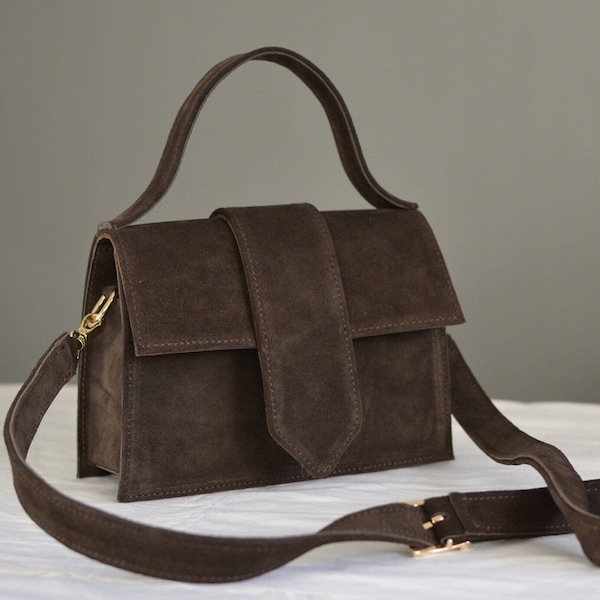 Mini Brown Suede Handbag, Genuine Leather Winter Clutch Bag, Adjustable Strap Shoulder Purse, Tooled Box Bag for Women, Evening Purse