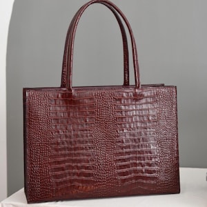 Burgundy Crocodile Embossed Leather Tote Bag, Large Everyday Work Bag