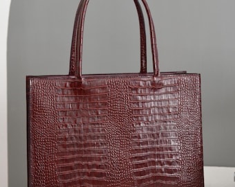 Burgundy Crocodile Embossed Leather Tote Bag, Large Everyday Work Bag