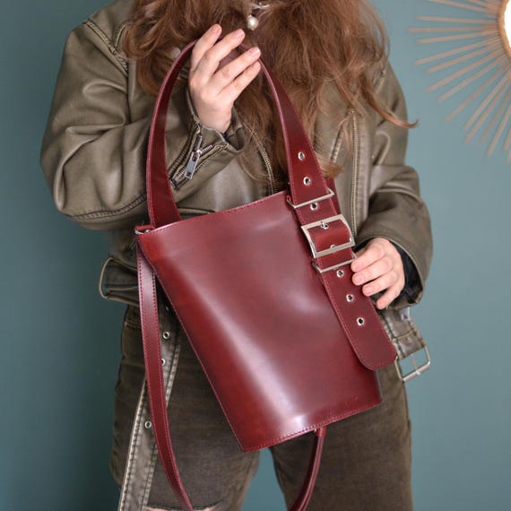 Burgundy Leather Bucket Bag: Handmade Shoulder Tote - Etsy display picture 1