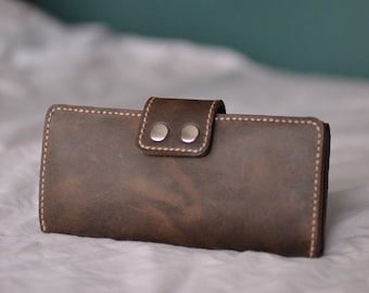 Cartera de cuero genuino, cartera de cuero marrón bi plegable, bolsa de dinero hecha a mano, mujeres de bolsillo marrón, hombres de cartera grande, cartera plegable personalizada
