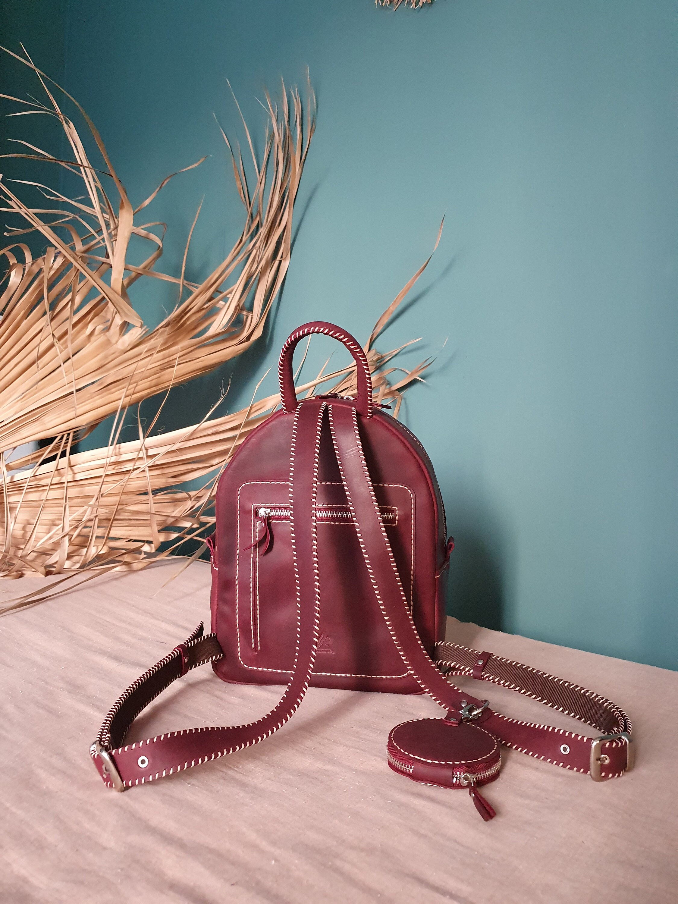 red leather rucksack