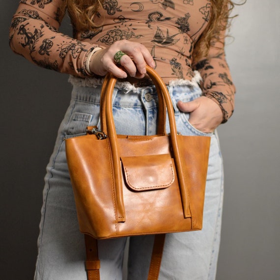 Mini Camel Leather Tote Bag, Genuine Leather Shoulder Purse for