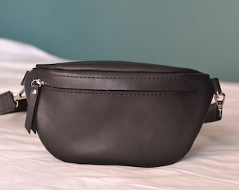 Black Leather Fanny Pack, Leather Belt Bag for Unisex, Leather Waist Purse, Belt Pouch Bag, Leather Bum Bag, Leather Shoulder Purse