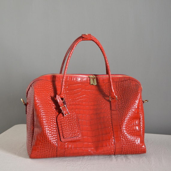 Red Croco Leather Duffel Bag: Handmade Women's Weekender