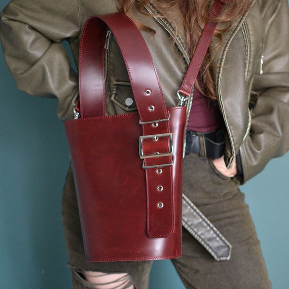 Burgundy Leather Bucket Bag: Handmade Shoulder Tote