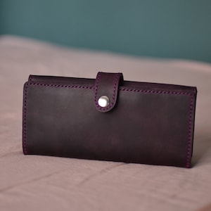 Snap Flap lederen portemonnee, lange portemonnee portemonnee, paarse lederen kaarthouder, hoge kaarthoes voor unisex, lederen zakelijke portemonnee, multi-pocket