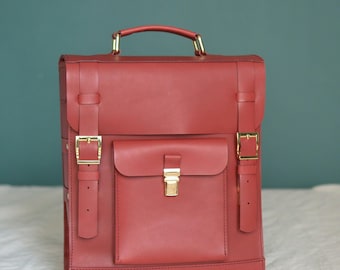 Handcrafted Red Leather Backpack: Laptop Rucksack, Hiking Travel Bag