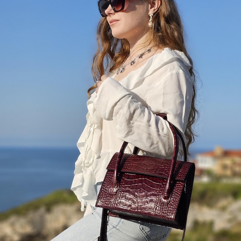 genuine leather bag,
croc embossed bag,
structured tote bag,
everyday leather bag,
crocodile print bag,
gift for her,
burgundy handbag,
luxury leather purse,
christmas gift,
leather gifts,
women leather purse,
mini crossbody bag,
small tote bag,