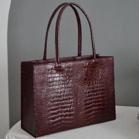 Burgundy Crocodile Embossed Leather Tote Bag, Large Everyday Work