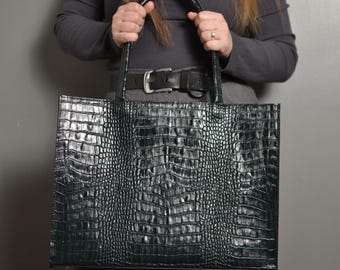 Green Croc Embossed Leather Tote Bag, Handmade Large Shoulder Bag