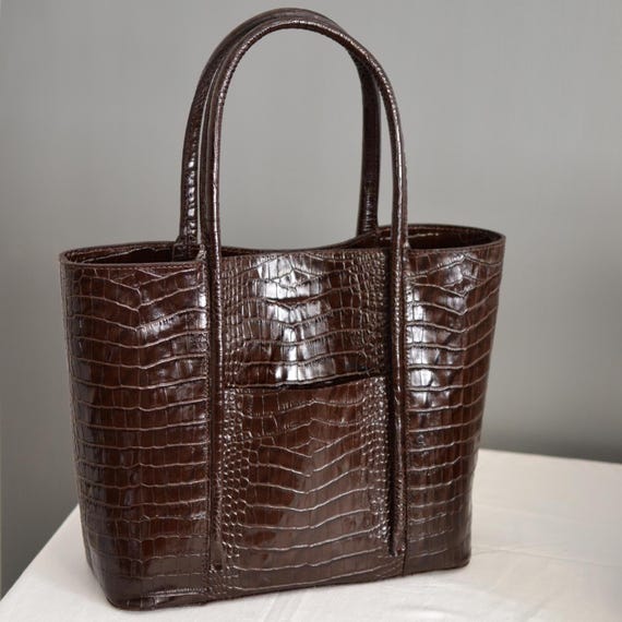 Handmade Croc Embossed Leather Tote Bag, Dark Brown Purse - Etsy display picture 2