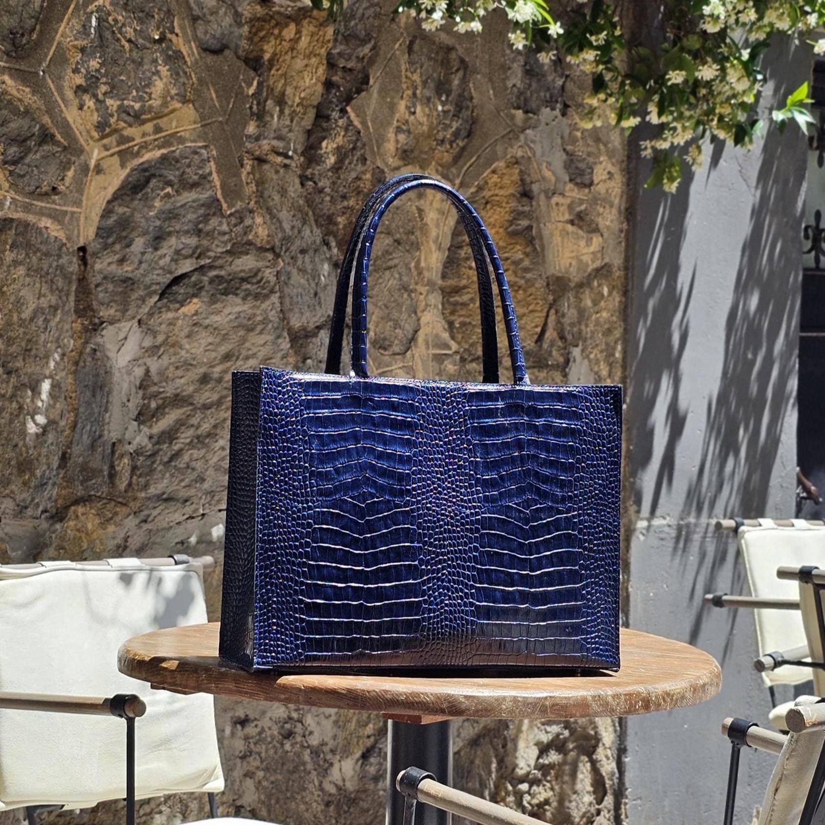 Navy Croc-embossed Leather Tote, Handmade Elegant Work Bag - Etsy