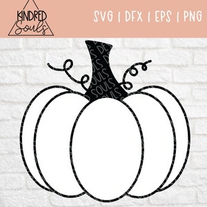 May include: Black and white outline of a pumpkin with a stem and curly vines.
