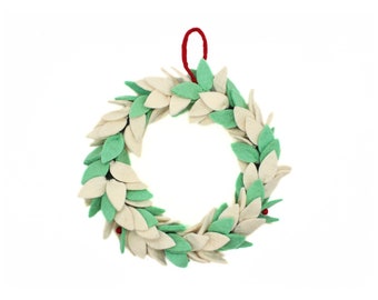 Corona hecha a mano para puerta (30 cm)/ Corona de hojas cortadas a mano de lana para decoración del hogar / Decoración navideña