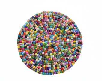 Handmade Rug, Colorful Splashy Patterned Rug for Home and Office| Felt Ball Carpet | Wool Round Multicolored Mat