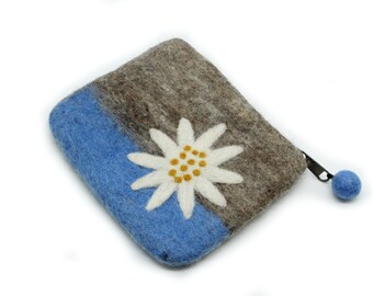 Felted Zippered Pouch - (16X13 CM) Wool Felted Pouch - Coin Pouch - Vintage Floral Pattern Zip Pouch