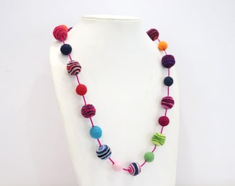 Colorful Felt Beads Necklace - Wool Jewelry - Felt Necklace - Handmade Gift - Pom Pom Jewelry - Womens Accessories