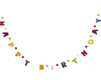 Wool Felted Happy Birthday Garland (300 cm) - Pom Pom Between Letter Garland - Wall Hanging Birthday Banner