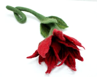 Wool Felt Red Flower(3 pcs) - Nursery Decoration - Wedding Decoration - Set of Five Flowers - Decorative Long Stem Flower