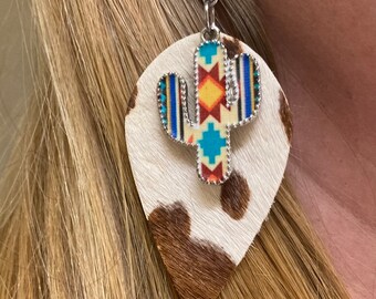 Cowhide and Southwest Cactus earrings