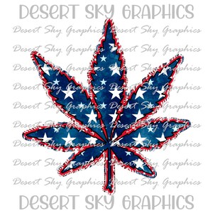Op de afbeelding: Een cannabisbladontwerp met een patriottisch thema. Het blad is gevuld met een blauwe aquarelachtergrond en witte sterren, omlijnd met een rood-witte gestreepte rand. De tekst "DESERT SKY GRAPHICS" staat boven en onder.
