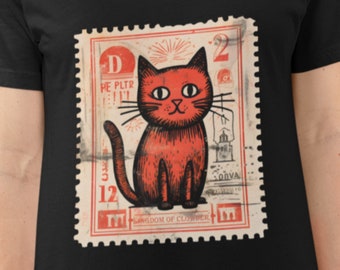 Maglietta con timbro gatto, maglietta in cotone pesante unisex, camicia per gli amanti dei gatti, maglietta con logo timbro, maglietta per collezionisti di francobolli, maglietta per gli amanti degli animali domestici, regalo vintage