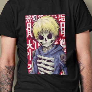 スケルトンボーイTシャツ、ハロウィンTシャツ、コミックアートTシャツ、マンガファッションシャツ、漢字書道トップス、ストリートウェアファッションTシャツ、ギフト