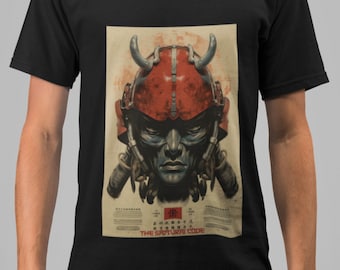 T-shirt samoeraistrijder: rode gehoornde helm, kanji-codeontwerp