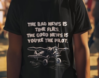 Time flies t-shirt, Unisex Cotton Tee, Pilot of Time Distressed tshirt, Inspirational Grunge top with Bi-Plane Design, Motivational gift