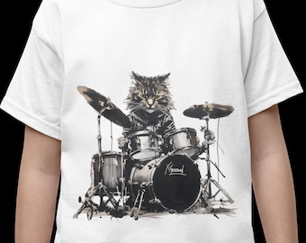 Maglietta per bambini con gatto rock &#39;n&#39; roll: divertente maglietta con gattino batterista
