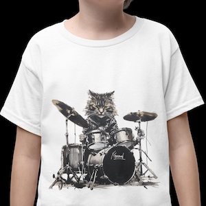 Kids Rock &#39;n&#39; Roll Cat T-Shirt: Funny Drummer Kitten Tee