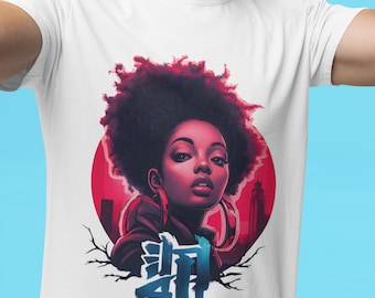 Afro Soul Woman T-Shirt: Bright Anime Design, Kanji Writing
