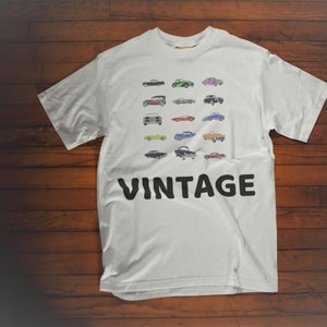 Vintage t-shirt, Classic car lovers shirt, Unisex Heavy Cotton white Tee, multicoloured cars tshirt, Retro t shirt collectors top great gift