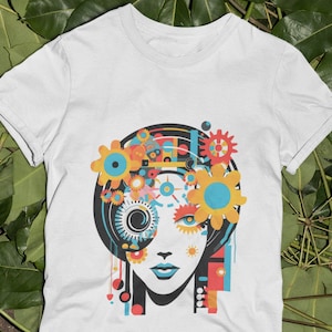 CyberFemme T-Shirt: Vibrant Geometric Cyberpunk Face Tee